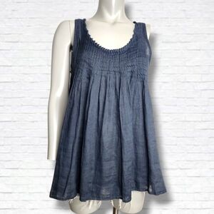 CP Shades "Pia" Navy Blue Linen Pintuck Pleated Tank Top Size S